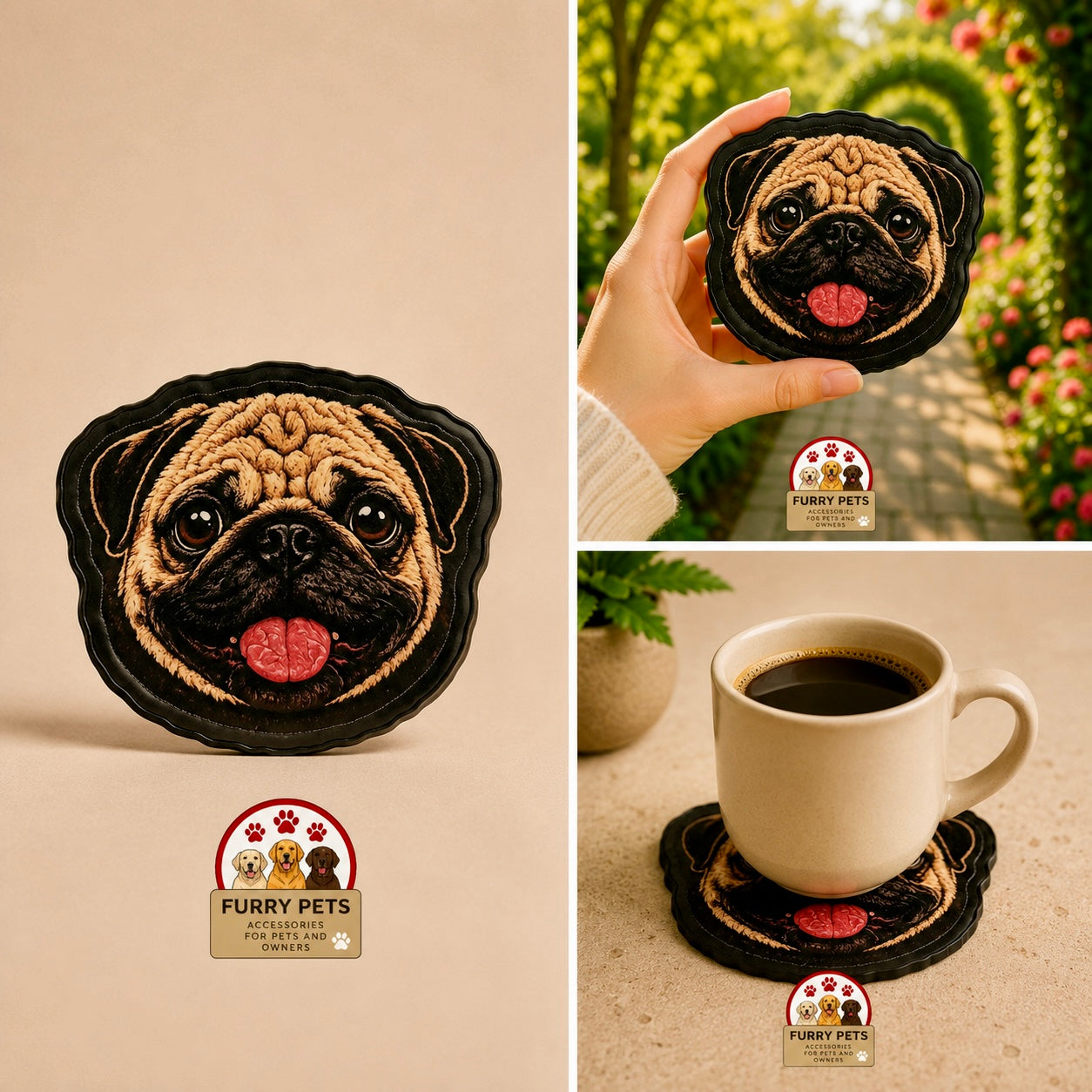 Happy Pug Acrylic Coaster | Pet Lovers Cup & Mug Coaster set of 3